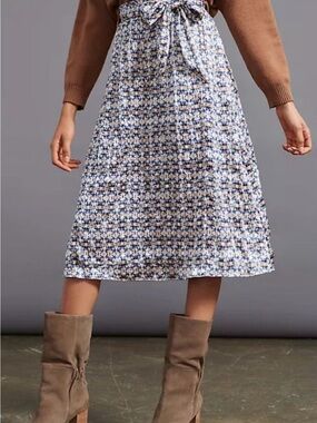 Anthropologie Teresa blue cream crinkle Floral Tie-Waist Midi Skirt S Small